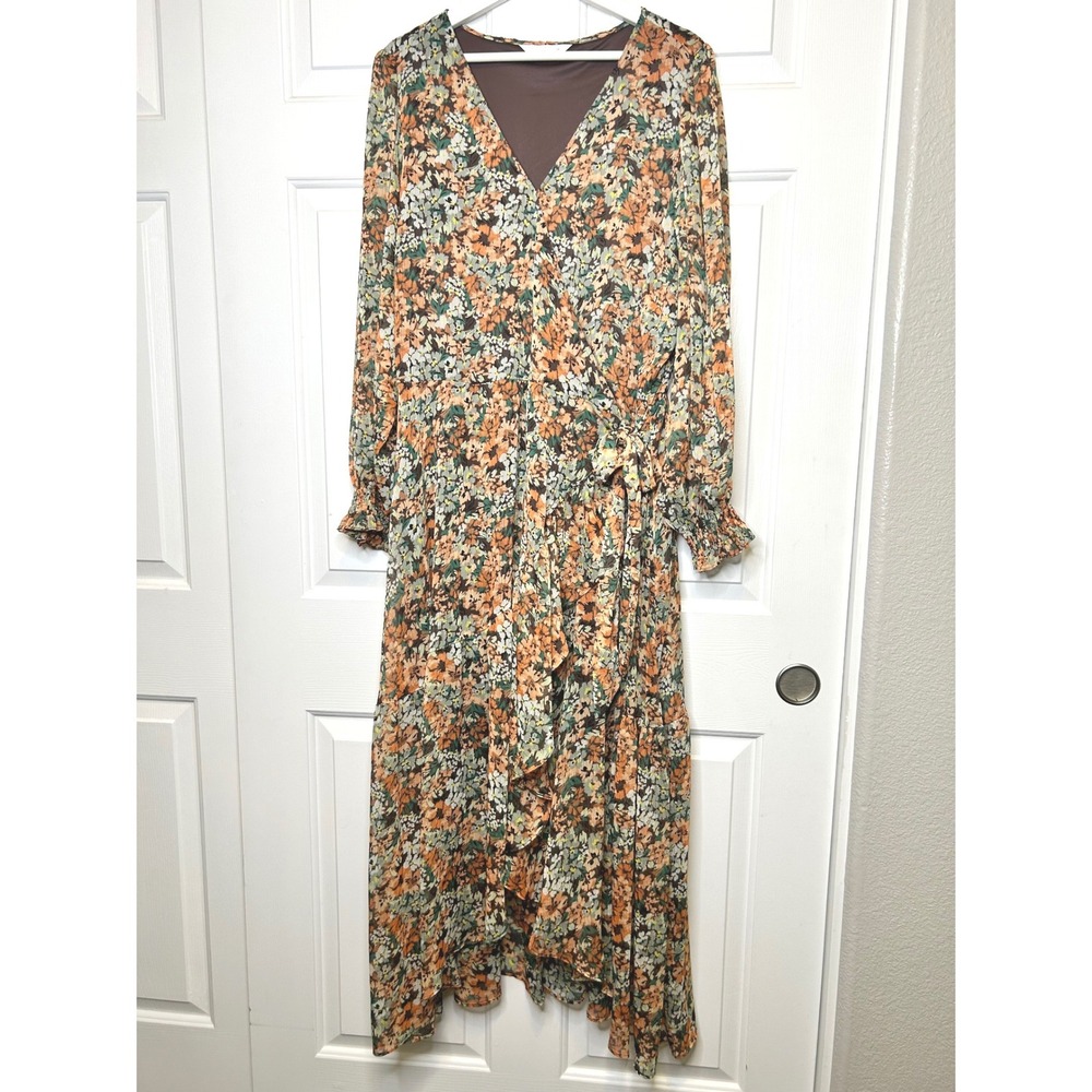 LC Lauren Conrad Wrap Dress 2X Brown Floral Long Sleeve Ruffle